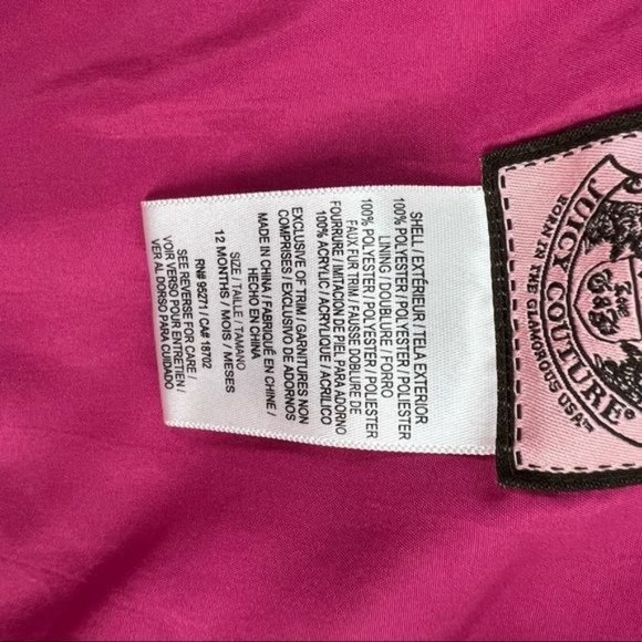 Juicy Couture Ruffle Bell Sleeve Puffer Jacket w/ Fur Hood - Pink | Girls 12M - Picture 9 of 9